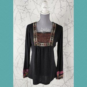 R Derhy Wool Blend Bohemian Ethnic Square Neck Embroidered Top